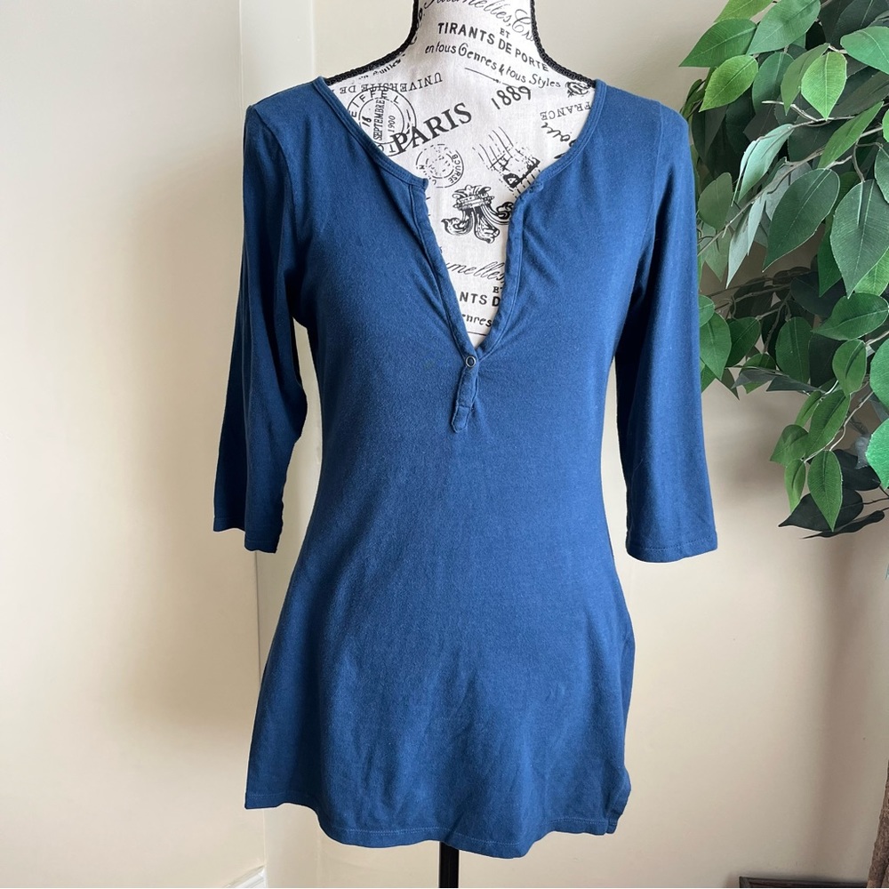One Step Up Cotton Henley 3/4 Sleeve Top Blue Sz L